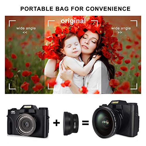 Digital Camera Camcorder with WiFi, 4K 48MP Camera 16X Digital Zoom, YouTube Vlogging Camera with IR Night Vision, 3.0 Inch Flip Screen, Wide Angle Lens with 2 Batteries