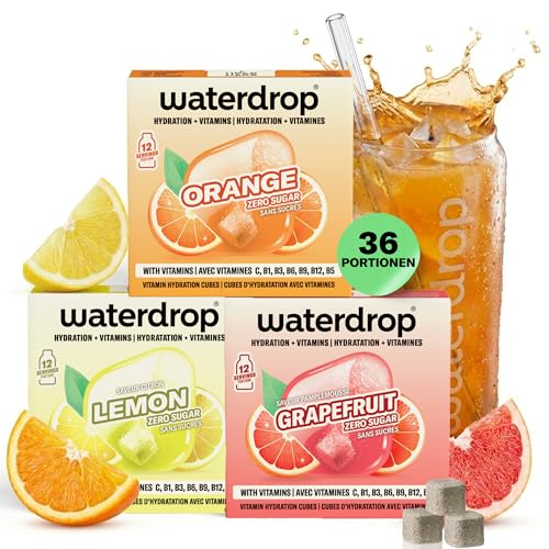 waterdrop® Microdrink Limonade: Orange, Zitrone, Grapefruit, 36 Drops Würfel, zuckerfreies Getränkpulver, 3 fruchtige Sorten, Frucht- und Pflanzenextrakten, mit wertvollen Vitaminen, Wasserzusatz