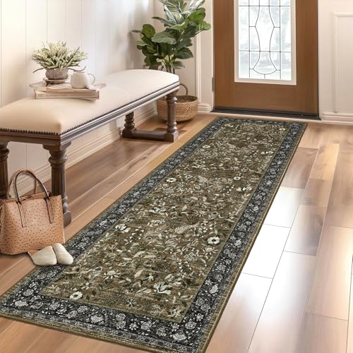 GarveeHome 2x6 Washable Runner Rug Brown Floral Rug Runner for Hallway Soft Non-Slip Kitchen Runners Stain Resistant Ultra-Thin Entryway Indoor Carpet Long Rugs for Bedroom Laundry Bathroom Bedside