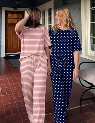 Image of Ekouaer 2 Pack Womens Pajamas Sets Short Sleeve Long Pants Pjs Lounge Set