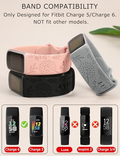 TOYOUTHS 3 Packs Floral Engraved Compatible with Fitbit Charge 5/Charge 6 Strap for Women Soft Waterproof Silicone Sport Band with Cute Dandelion Flower Pattern - Image 2
