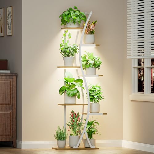 Image of MJOMKN 62 inch Plant Stand Indoor with Grow Lights - 7 Tiered Tall Metal Plant Shelf - Corner Wooden Plant Stand for Indoor Plants Multiple, Large S-Shape Flower Rack Holder for Living Room, Garden, Patio Decor