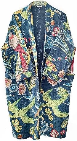 Pranipat Handicrafts Peacock Feather Royal Blue Women Kantha Jacket ethnic Cotton Perfect for gift hippie Kimono Jacket Front Open Mid Length Lightweight Quilted Jacket