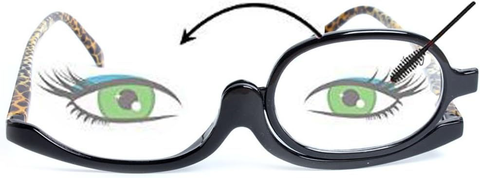 SOOLALA 2 Pack Womens Magnifying Eye Make Up Spectacles Flip Down Lens Folding Cosmetic Reading Glasses, Leopard Arm, 5.0