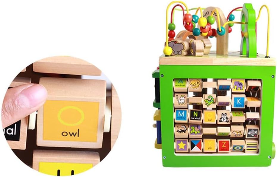 Montessori Wooden Activity Cube, 4-Sided Bead Maze & Animal Matching Blocks
