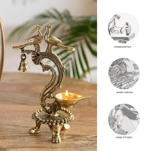 Image of ExclusiveLane 'Peacock Pair' Brass Oil Diya for Pooja Room With Gem Work (100% Pure Brass, 1 Wick, 20 ml, 1.3 Kg)|Brass Diyas for Pooja Diyas for House Warming Table Diya Diwali Return Gifts for Pooja