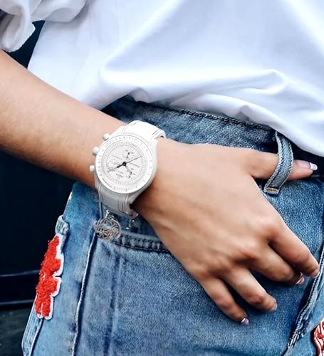 BONACE Bands for Moonswatch Watch,Curved SIlicone Strap Compatible with Omega X Swatch 20mm Watch,Swatch Omega Moonswatch Speedmaster Replacement No Gap Strap Men Women (White pink line)