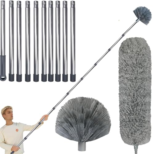 20 Ft+ High Reach Cobweb Dusting Kit with 3-14 Ft Extension Pole/Spider Web Brush & Ceiling Duster Microfiber Feather Duster with Washable Head for Cleaning Ceiling Fan, Furniture, Home by Toromp - Used condition - US$15.14