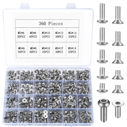 360 Pcs M5 Metric Hex Socket Head Cap Screws & Bolts Set, 180 Countersunk & 180 Flat Head Screws - 6mm/8mm/10mm/12mm/14mm, Silver