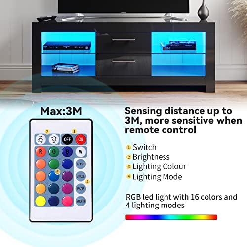 ELEGANT 1300mm Stylish High Gloss Black TV Stand Cabinet Units with Ambient LED Light for Flat Screen 4k TVs LED Lights TV Cabinets with Shelves and Drawers for Living Room Bedroom