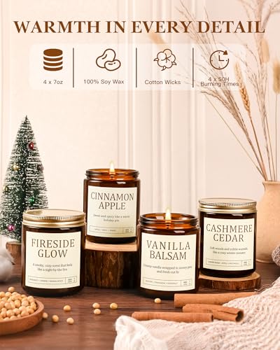Christmas Candles Gift Set for Women - 4 Pack Scented Soy Candles with Cashmere Cedar, Fireside Glow, Cinnamon Apple & Vanilla Balsam, Long Lasting Holiday Winter Gifts for Home - Image 6