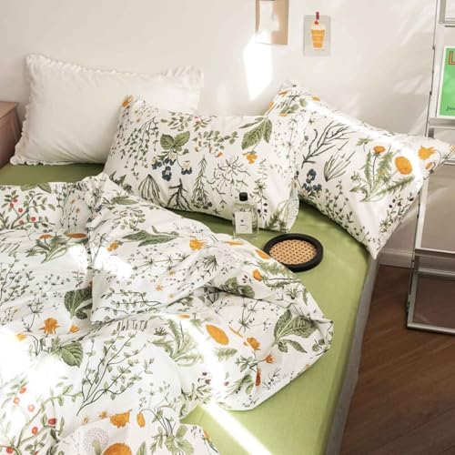 ETDIFFE Green Floral King Size Comforter Set, 3pc Flower Printed Soft Bedding Set, All Season Lightweight Botanical Pattern Bed Comforter, White - 3