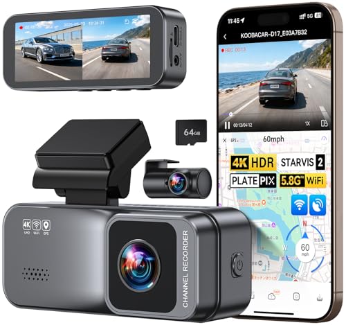 KooBaCar 4K/2.5K Dash Cam Front and Rear, Dual Dash Camera for Cars, Included 64GB Card, Built-in Wi-Fi GPS,Car Camera with 3.20' IPS Screen,UHD Night Vision, Loop Recording, WDR, 24H Parking Monitor
