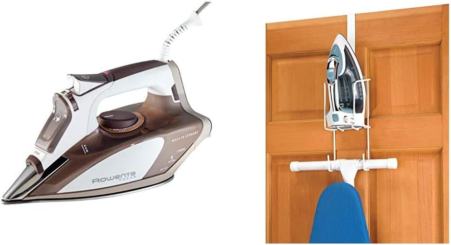 Rowenta DW5080 1700-Watt Micro Steam Iron Stainless Steel Soleplate with Auto-Off, 400-Hole, Brown & Whitmor Wire Over The Door Ironing Caddy - Iron and Ironing Board Storage Organizer
