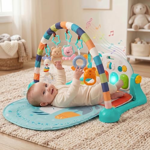 Image of StarAndDaisy Baby Play Gym mat, Kick & Play Gym mat with Adjustable Piano for Baby, Infants & Toddler Gym /Play mat with Hanging rattles Toys Music & Light - Blue