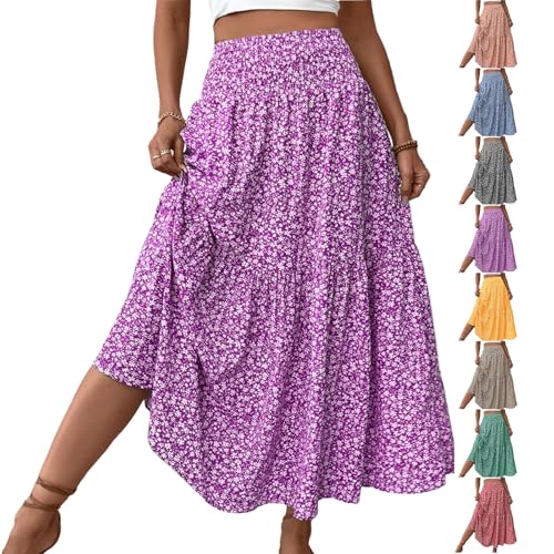 Womens Tiered Maxi Skirt with Pockets Flowy Boho Elastic High Waisted Skirt Summer Beach Vacation Smocked Tube Dress
