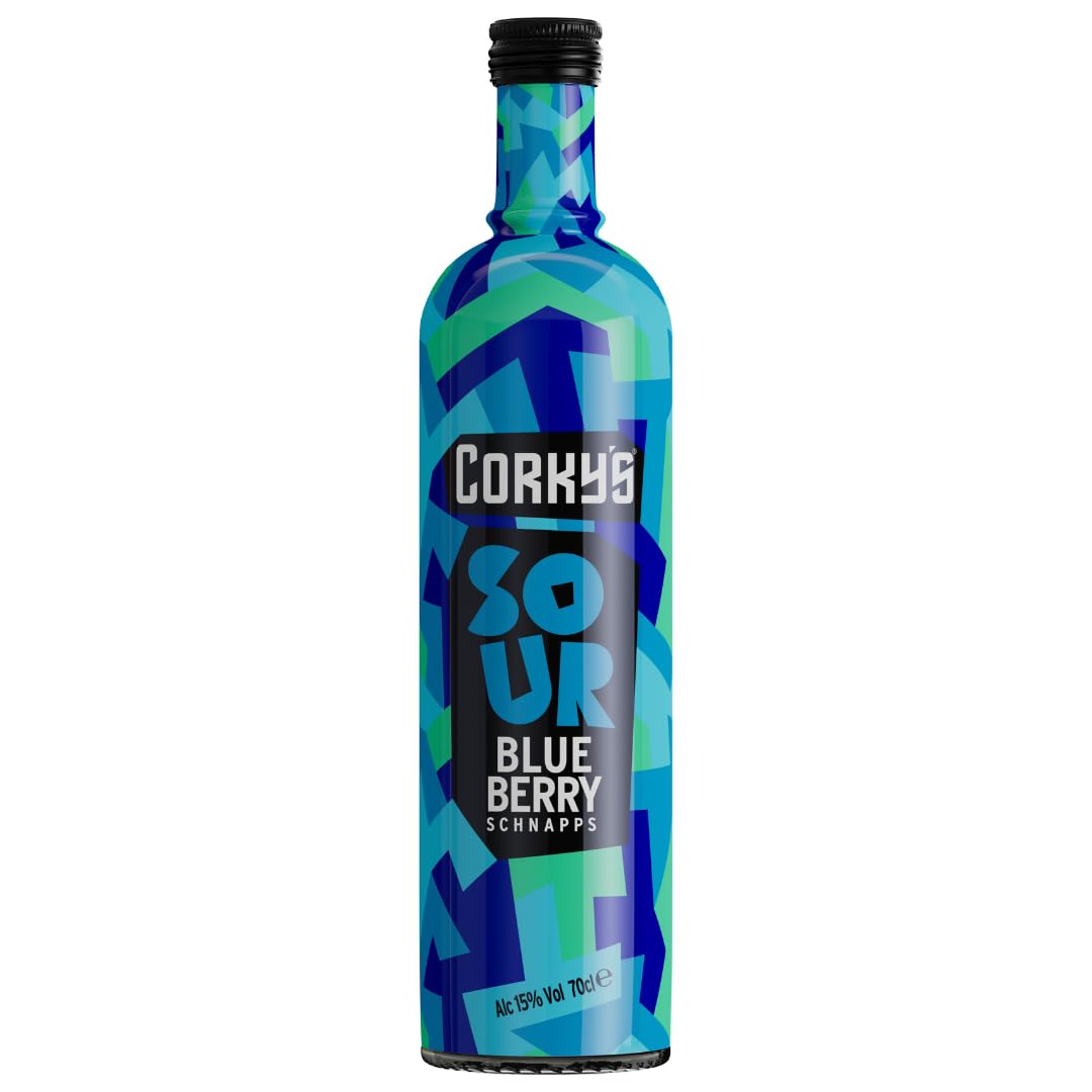 Corky's Sour Blueberry Schnapps 70cl | Shots | 15% ABV | Sour Blueberry Liqueur | Vodka Schnapps | Party Shots, Cocktail Ingredient, Pre Drinks, Alcohol | Spirits | Flavoured Vodka | Blue