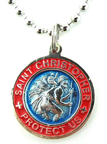 St. Christopher Surf Medal Necklace Pendant, Protector of Travel am-fu Aquamarine-Fuchsia Small