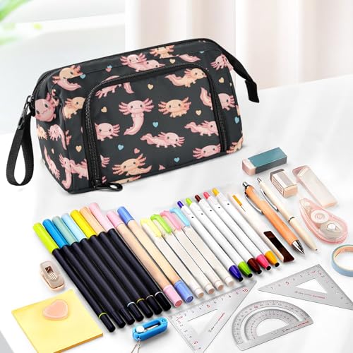 Image of Cute Axolotl Black Print Pencil Case Pouch Big Capacity Pencil Bag Box Organizer Pen Case with Compartmens Stationery Organizer for Girls Boys Women School College Office