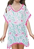 Funnycokid Girls Flamingo Cover Ups Kids Swimsuit Bathing Suit Coverups with Pompom Tassel Size 6-8