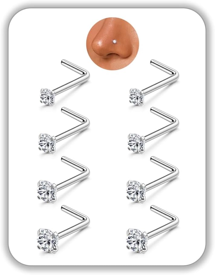 8PCS Titanium Nose Rings, 20G/18G Corkscrew & L Shape Studs, Diamond CZ, Silver & Gold, Hypoallergenic, 1.5mm-3mm