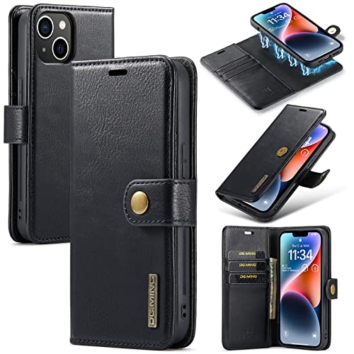 Étui iPhone 14 en cuir véritable à rabat magnétique amovible noir luxe