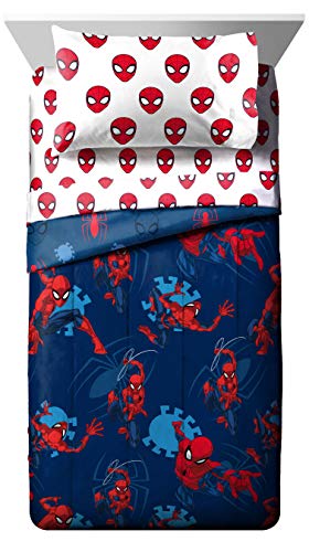 Image of Marvel Spiderman Twin Comforter Set 4 Piece Kids Bedding for Boys, Blue | Bed in a Bag, Comforter Sheets Pillowcase, Official Product, Soft Microfiber, Machine Washable, Easy Care, Boys Gift