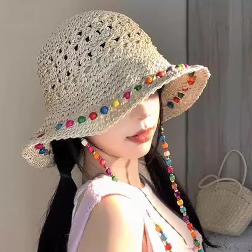 Sombrero de paja para mujer con ala ancha y cuentas de madera miniatura 2