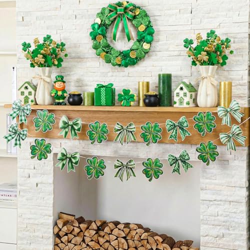 Image of Oudain 2 Pack St. Patrick's Day Paper Garland 6.56 ft Green Irish Clover Banner Lucky Shamrock Bow Hanging Garlands for Rish St. Patrick's Day Mantel Fireplace Wall Decor Indoor Outdoor Parties
