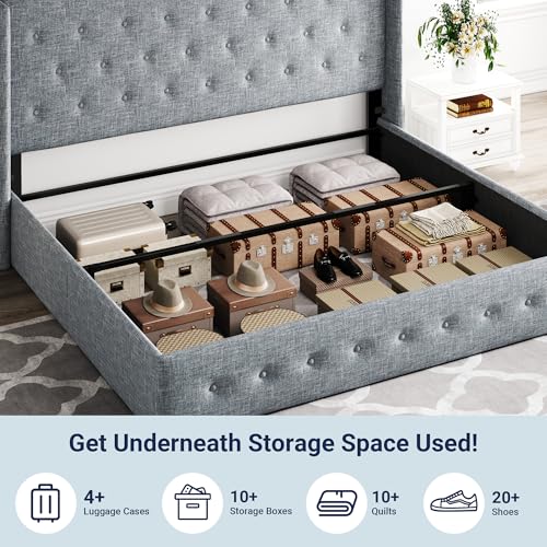 Image of Allewie King Size Lift Up Storage Bed, Button Tufted Headboard with Wingback, Hydraulic Support, No Box Spring Needed, Grey Blue