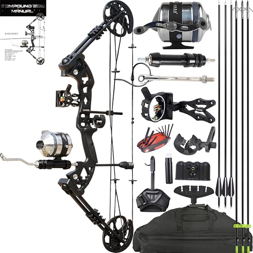 Bow Fishing Combo Kit 0-70 LBS Hunting Compound Bow Fishing Bow Set with Bowfishing Arrow and Fishing Reel for Bowfishing Archery Hunting Left & Right Handed (Black Right Handerd)