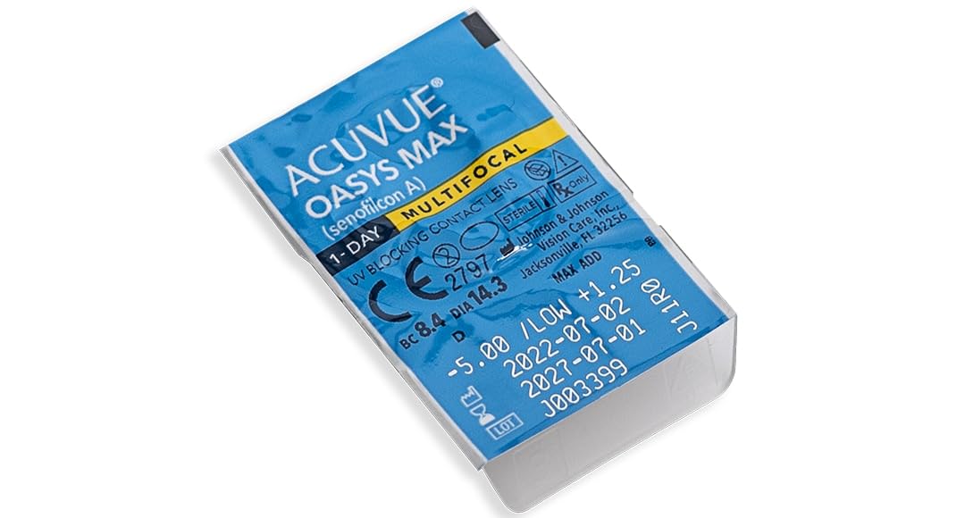 Acuvue Oasys Max 1-Day MULTIFOCAL Lentes diarias con Tecnología TearStable, filtro de luz OptiBlue y diseño Pupil Optimized, -3.50 dpt, diámetro 14.3 mm, 30 unidades, +1.50 adición, curva base 8.4 mm