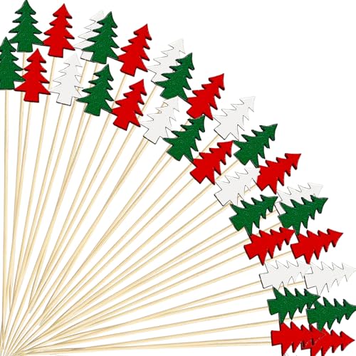 Christmas Cocktail Picks, Xmas Tree Fancy Toothpicks for Appetizer, 100Pcs 4.7inch Long Decorative Bamboo Toothpicks,Cocktail Skewers Charcuterie Sticks for Christmas Holiday Decoration Party