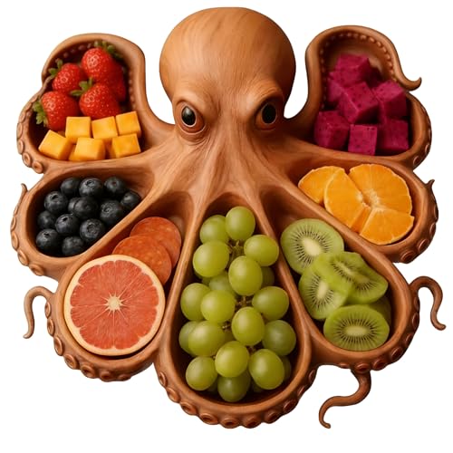 Octopus Wooden Charcuterie Board Platter Ocean Themed Serving Tray with Kraken Design for Seafood Cheese & Meat Decorative Platter for Party Beach House Decor Unique Housewarming Gift (Octopus B)