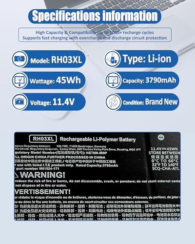 Image of 45Wh RH03XL M02027-005 Laptop Battery Replacement for HP ProBook 430 440 445 450 630 640 650 G8 Series HSTNN-IB9Q HSTNN-UB7X M01524-2B1 M01524-AC1 M01524-1D1-11.4V 3790mAh 3-Cell