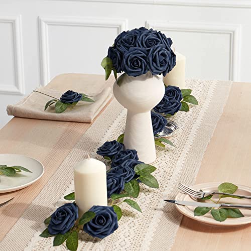 H.flolavida Navy Blue Foam Rose Artificial Flowers Heads With Stems, 25Pcs Fake Flowers For Diy Wedding Decor, Baby Shower, Bridal Shower, Wedding Bouquet,Party Centerpiece Table Decorations, 1 Box #TOP1