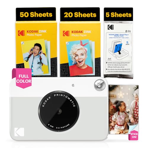 Image of Kodak Printomatic Full-Color Instant Print Digital Camera - 75 Sheets Bundle - Prints On Zink 2x3 Sticky-Back Photo Paper - 5MP, Portable, Creative Fun Gift for Birthday, Christmas, Holiday - Grey