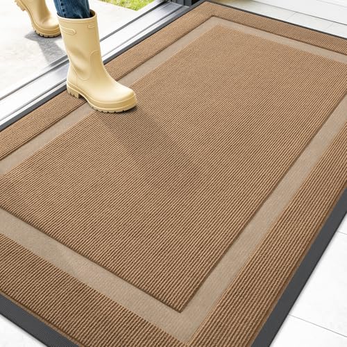 Image of OLANLY Front Door Mat Indoor Outdoor Entrance, Waterproof All-Season, All-Weather Doormat, Sturdy Natural Rubber, Fade Resistant, Low Profile, Easy Clean Patio Porch Entryway Mat, 47x32, Light Brown