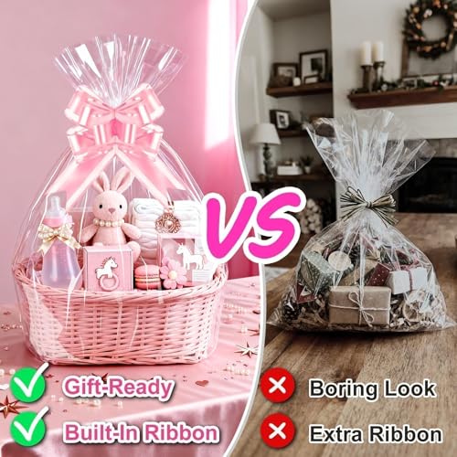 Image of PigPotParty Cellophane Bags for Gift Baskets, 24x30 in, 10 Pack, Pink Bows | Thick clear OPP holds shape; seamless bottom resists tears; easy-to-use large pull bows save time and add a polished finish