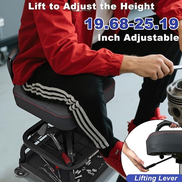 Miniatura 2 de Rolling Shop Taburete con ruedas, silla de taller mecánico de garaje con respaldo de asa, taburete de trabajo de altura ajustable, asiento