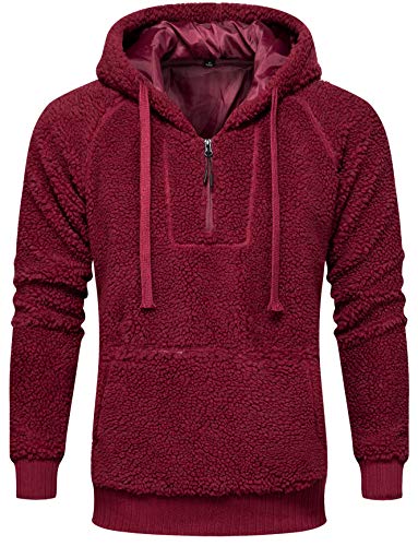 Grimgrow Hoodies for Teens, Mens Casual Sherpa Fleece Hoodie Quarter-Zip Unisex Couple's Sweatshirts Fuzzy Long Sleeve Winter Pullover Tops with Kangaroo Pocket Red XL