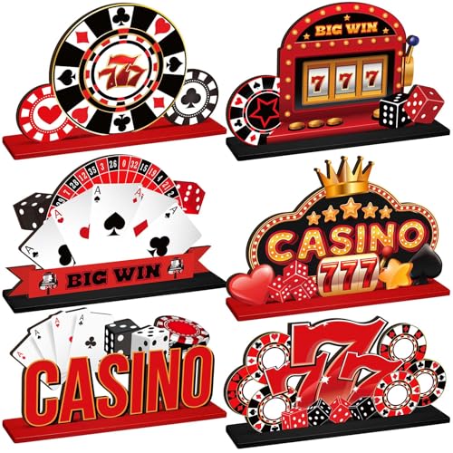 Image of CroBlissful 6 Pcs Casino Theme Table Centerpieces Casino Theme Party Decorations Poker Chips Poker Machines Dice Spades Wooden Signs for Birthday Party Decoration