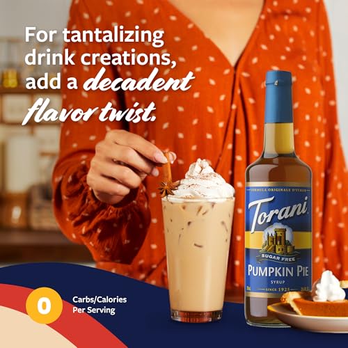 Image of Torani Sugar Free Coffee Syrup, Pumpkin Pie Flavored Syrup for Drinks, Zero Calorie, Glass Bottle 4-Pack, Pumps Included, 25.4 Fl Oz