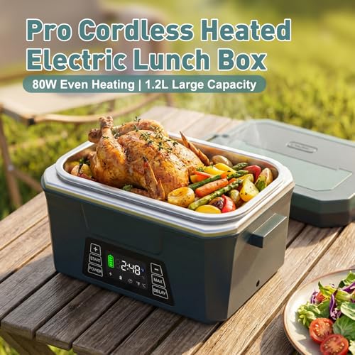 Image of Cordless Electric Lunch Box for Adults, APP Control Heated Lunch Box for Men, 18000mAh Battery Powered Portable Food Warmer w / Timer, Auto Heating 5-side Rechargeable 248F for Work /Outdoor /Gifts