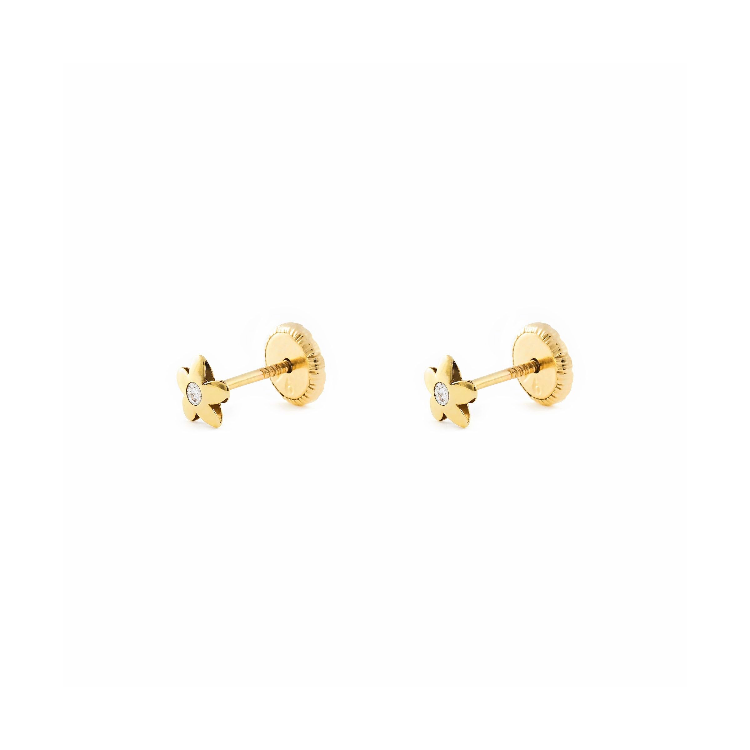 Pendientes Bebe Oro Amarillo Flor Circonita (9kts) - Estuche Regalo - Certificado de Garantía - Mondepetit