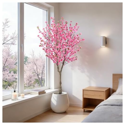 HUAESIN 6.5ft Cherry Blossom Tree Artificial Trees with 32 Cherry Blossom Branches Pink Fake Sakura Flowers Tree for Spring Home Wedding Party Office Indoor Outdoor Decor