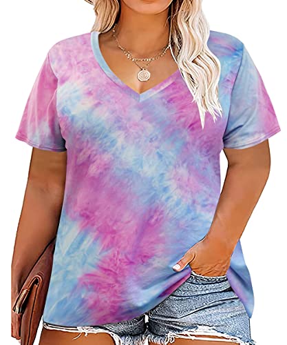 Image of RITERA Women Plus Size Tops Tie Dye V Neck Shirt Floral Camo Summer Short Sleeve Tunic Oversized Ladies Blouse XL-5XL
