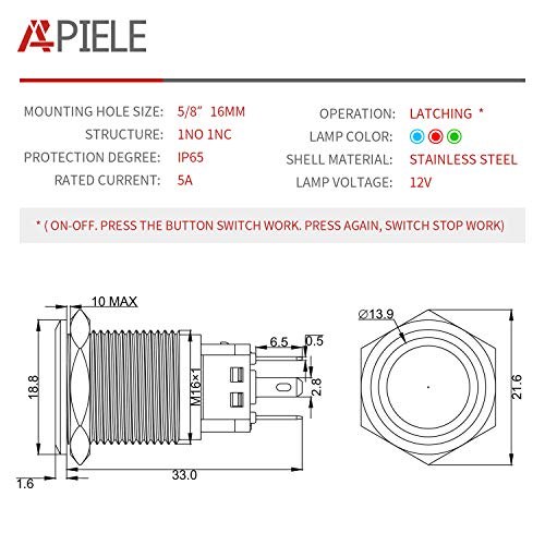 Image of APIELE 16mm Latching 12V Push Button Switch On Off Stainless Steel with LED Angel Eye Head for 0.63 inch Mounting Hole with Wire Socket Plug Self-Locking (Yellow)