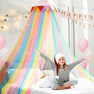 LOAOL Rainbow Bed Canopy, Kids Canopy Princess Girls Fairy Dream Tent with 28 Multi-Colored, Crib Canopy Hanging Netting for Bedroom, Canopy Pink Dome Reading Corners Room with Stars Decor