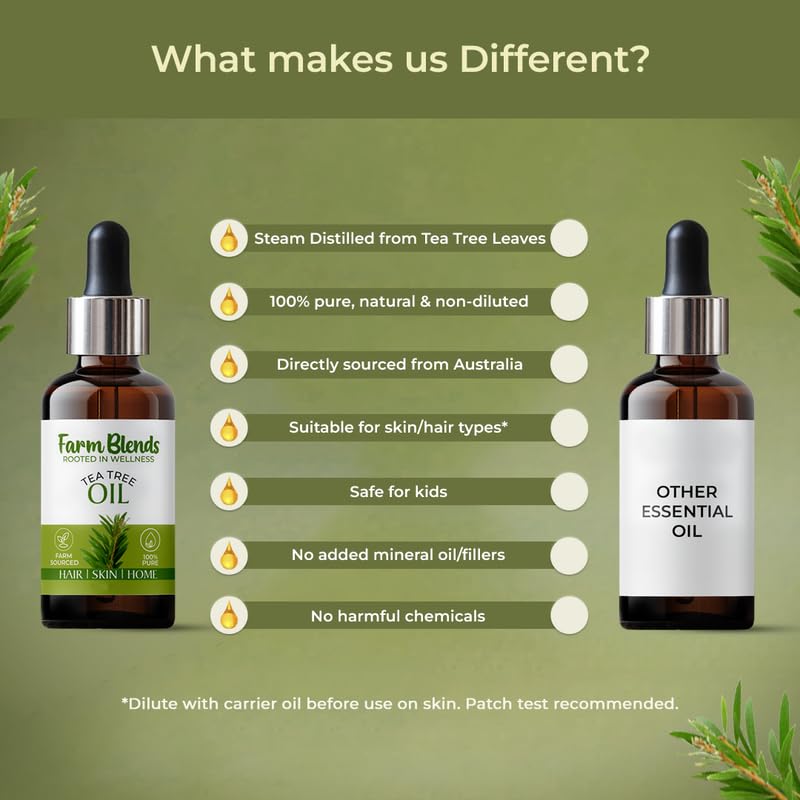 Image of Farm Blends Tea Tree Essential Oil 100% Undiluted Pure | Anti Dandruff, Anti Acne, Beard Care, Anti-Blemish, Boosts Energy, Diffuser | Farm To Home | Natural Australian | Melaleuca alternifolia|15ML + 15ML (Pack of 2)